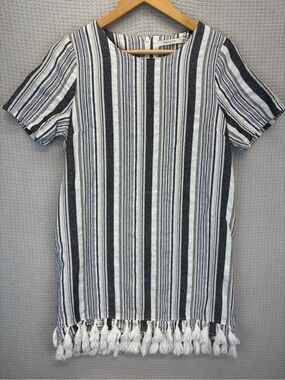 Ellison Linen Blend Gray White Striped Mini Dress Sz Large Boho Fringe Festival